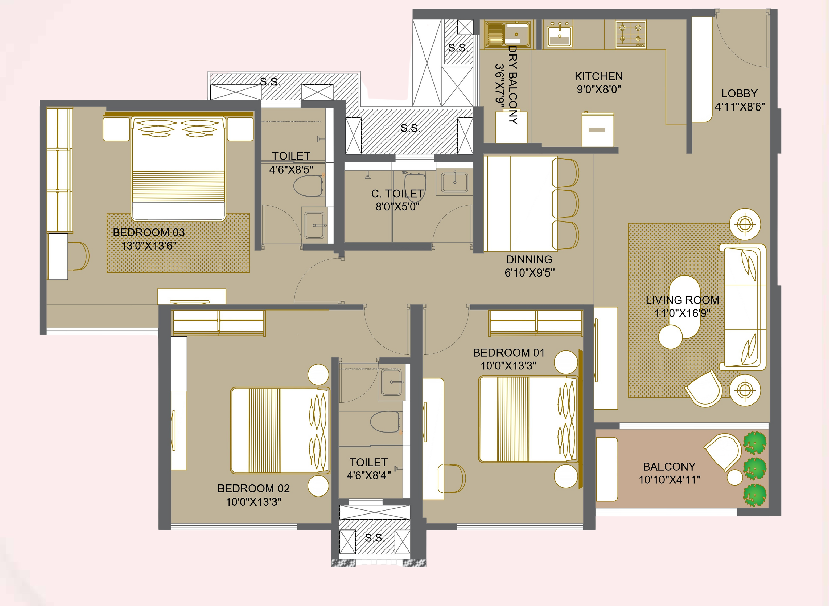 3.5 BHK Floor Plan - Artistic Representation